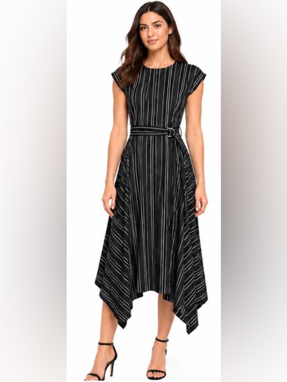 DKNY Striped Belted Asymmetric Midi Dress Size 4 NWT $149